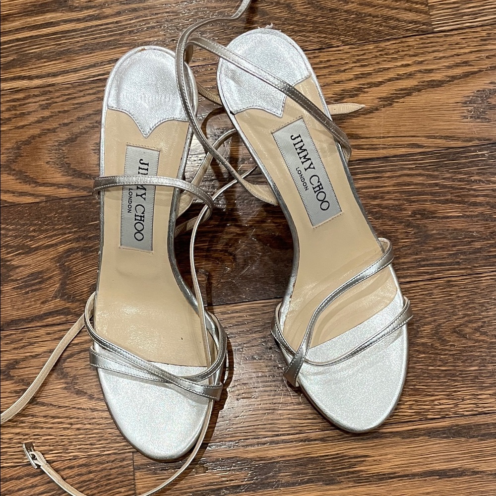 Jimmy Choo Silver Metallic Strappy Sling Sandals. 3 1/2 inch heel